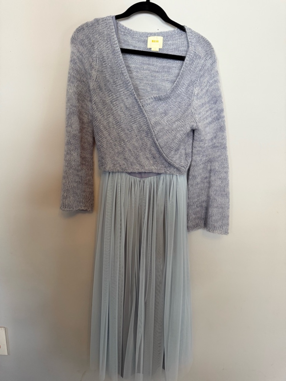 Maeve Light Gray Knit Wrap Top with Soft Blue Tulle Skirt Dress